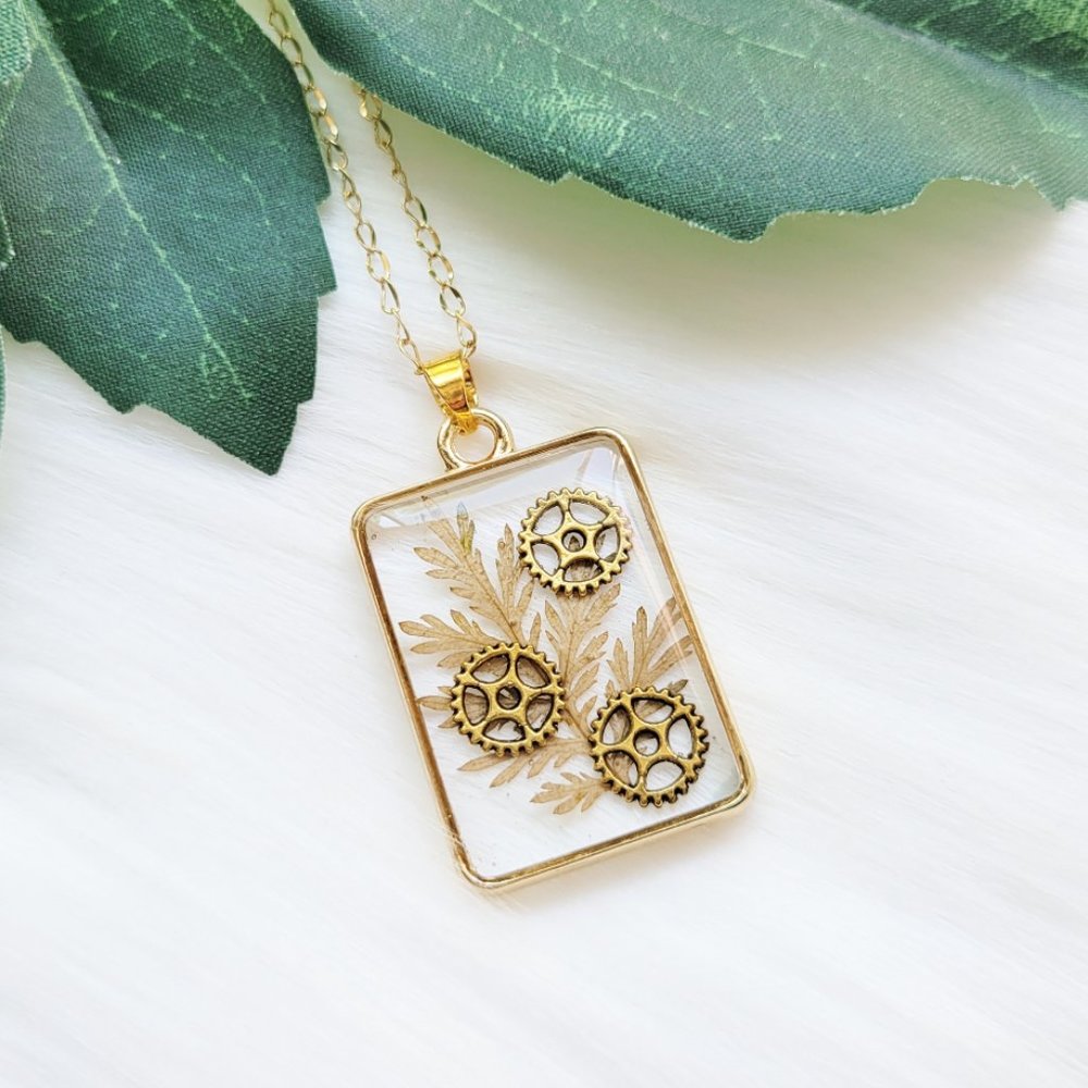 Beige and Gold Pendant Necklace Handmade Pressed Dried Leaves and Steampunk Gear